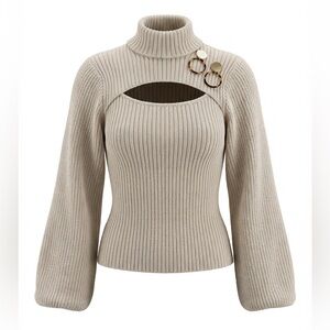 SHEIN Cream Ribbed Peek a boo Turtleneck Sweater stretch cropped size M